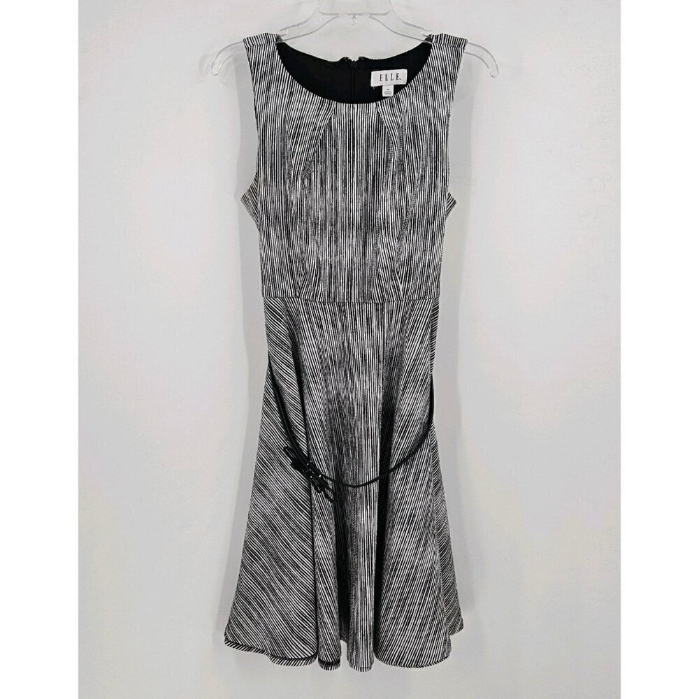 Elle Womens Dress Sz M Stretch Black White Micro Stripe Sleeveless Fit & Flare